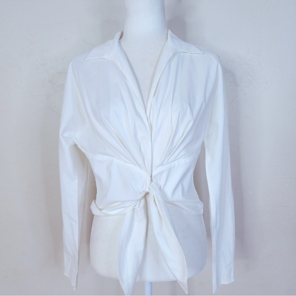Lafayette 148 New York White Stretch Cotton Tie Front Blouse -